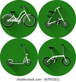 White set of bicycles, A-bike and scooter on a green background with long shadow. Vector illustration