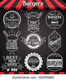 White set burger icons, labels, signs, symbols and badges on blackboard.See more in set "Labels" of my portfolio