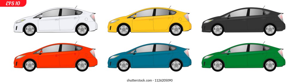 White set car hybrid vector mock-up for advertising, corporate identity. Isolated template of car on white background. Vehicle branding mockup. Hybrid set car hatchback. Economy eco. vector car model