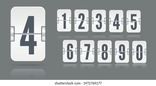White set of flip numbers on a mechanical scoreboard with reflections floating on different height isolated on dark background. Vector template for your design.
