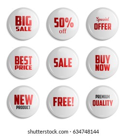 White Set of glossy sale buttons or badges. Product promotions. Big sale, special offer, 50 off. Vector illustration