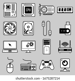 White set of icons. PC hardware. 100% vector.