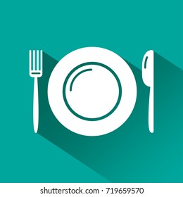 Conjunto blanco - placa, tenedor, cuchillo sobre fondo turquesa. Plato y cubiertos con sombra. Ilustración del vector