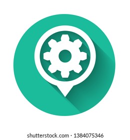 White Setting icon isolated with long shadow. Tools, service, cog, gear, cogwheel sign. Green circle button. Vector Illustration
