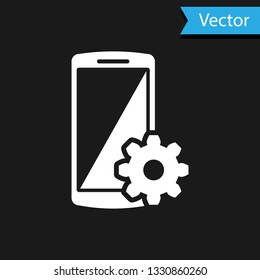 White Setting on smartphone screen icon on black background. Mobile phone and gear sign. Adjusting app, set options, repair, fixing phone concepts. Vector Illustration