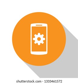White Setting on smartphone screen icon on white background. Mobile phone and gear sign. Adjusting app, set options, repair, fixing phone concepts. Orange circle button. Vector Illustration