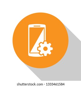 White Setting on smartphone screen icon on white background. Mobile phone and gear sign. Adjusting app, set options, repair, fixing phone concepts. Orange circle button. Vector Illustration
