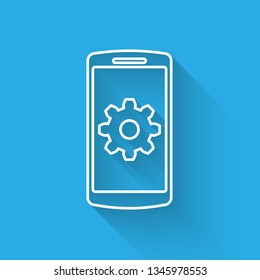 White Setting on smartphone screen icon with long shadow. Mobile phone and gear sign. Adjusting app, set options, repair, fixing phone concepts. Vector Illustration
