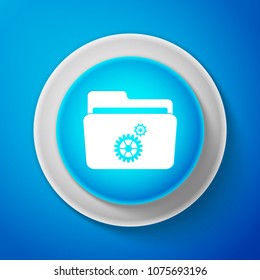 White Settings folder with gears icon isolated on blue background. Circle blue button with white line. Vector Illustration