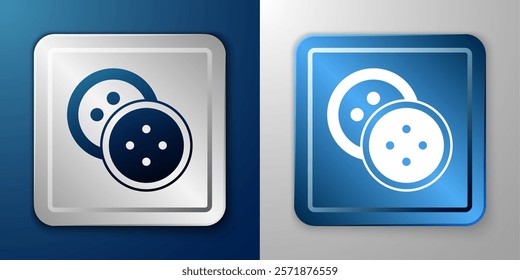 White Sewing button for clothes icon isolated on blue and grey background. Clothing button. Silver and blue square button. Vector