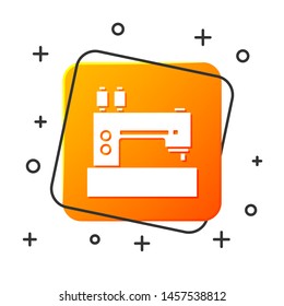 White Sewing machine icon isolated on white background. Orange square button. Vector Illustration