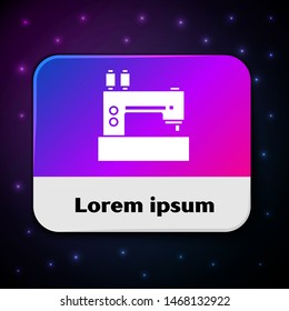 White Sewing machine icon isolated on black background. Rectangle color button. Vector Illustration