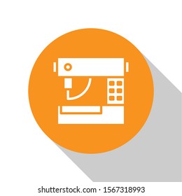 White Sewing machine icon isolated on white background. Orange circle button. Vector Illustration