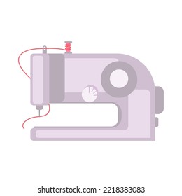 White sewing machine with thread vector illustration. Cartoon doodle of tool for needlework. Sewing machine isolated on white background. Fashion, embroidery concept
