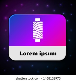 White Sewing thread on spool icon isolated on black background. Yarn spool. Thread bobbin. Rectangle color button. Vector Illustration