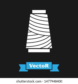 White Sewing thread on spool icon isolated on black background. Yarn spool. Thread bobbin.  Vector Illustration