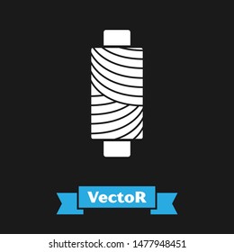 White Sewing thread on spool icon isolated on black background. Yarn spool. Thread bobbin.  Vector Illustration