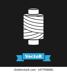 White Sewing thread on spool icon isolated on black background. Yarn spool. Thread bobbin.  Vector Illustration