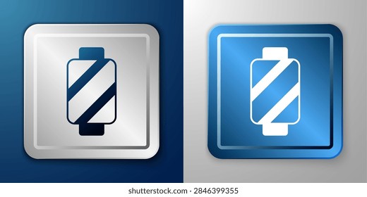 White Sewing thread on spool icon isolated on blue and grey background. Yarn spool. Thread bobbin. Silver and blue square button. Vector