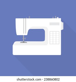 White sewing-machine with electronic control in a flat style on a blue background