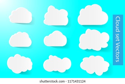 White and shaded cloud layout on blue background. Template set for web design and app. Collection of 9 collections.