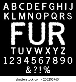 White shaggy fur alphabet and numbers on black background. Vector