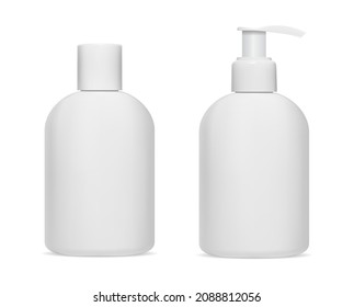 White Shampoo Bottle. Cosmetic Product Dispenser Bottle. Opaque Plastic Body Cream Container Mockup. Liquid Soap Bottle Designfor Brand, Round Package