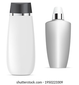 White shampoo bottle. Cosmetic serum package, vector 3d mockup. Shower gel or soap hair beauty advertising blank, business commercial. Pvc plastic container, generic shiny tube