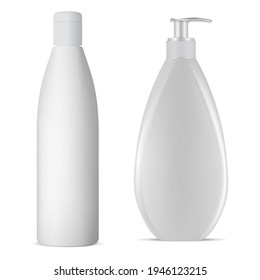 White shampoo bottle, cream package mockup design. Pump bottle blank, gray plastic container. Abstract dispenser pack illustration set, bathroom hygiene template, body oil, face foam