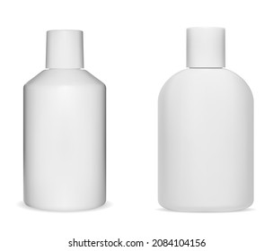 White shampoo bottle mockup. Plastic cosmetic bottle for shower gel, body cream. Realistic beauty bottle collection, vector illustration. Hair moisturizer packaging, skin care hygiene