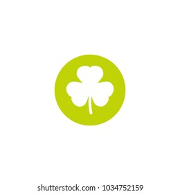 white  Shamrock silhouette in green circle. flat icon isolated on white. Clover three leaf flower. St Patrick day vector. Irish symbol.
