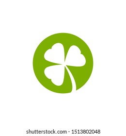 white  Shamrock silhouette in green circle. flat icon isolated on white. Clover three leaf flower. St Patrick day vector. Irish symbol.