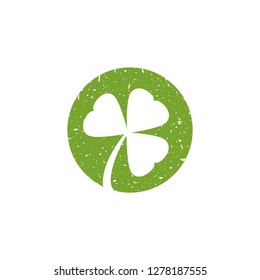 white shamrock silhouette in green  scratched grunge circle. flat icon isolated on white. Clover three leaf flower. St Patrick day vector. Irish symbol.