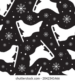 White shape ice figure skate shoes and snowflakes flat design on black background seamless pattern. Vector illustration.