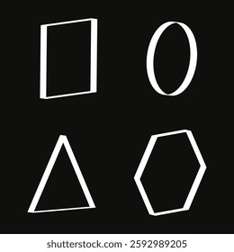 White shape icon. Geometric outline sign. Abstract figure symbol. Vector black background.