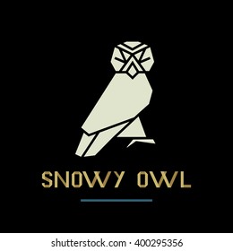 White shape of snowy owl. Logo design of arctic bird on black background with golden letters.