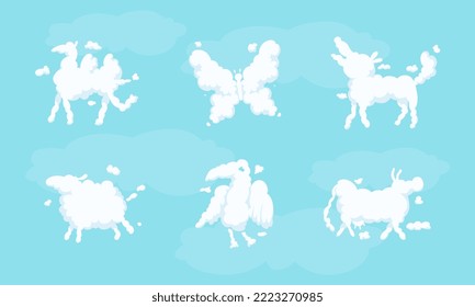 White Shaped Animal Fluffy Clouds Floating and Scudding Across Blue Sky Vector Set