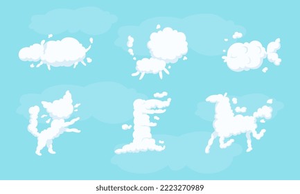 White Shaped Animal Fluffy Clouds Floating and Scudding Across Blue Sky Vector Set