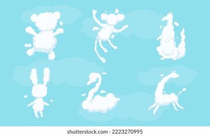 White Shaped Animal Fluffy Clouds Floating and Scudding Across Blue Sky Vector Set