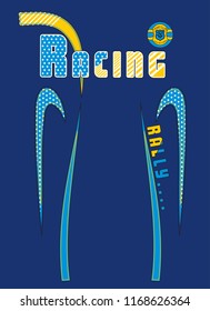 White shaped texts and lines with around logo on navy blue background. Vector illustration.