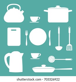 White shapes of kitchen utensils and tools on a blue background. There is a saucepan, a kettle, a frying pan, a plate, a fork, a knife and other objects in the picture. Vector illustration