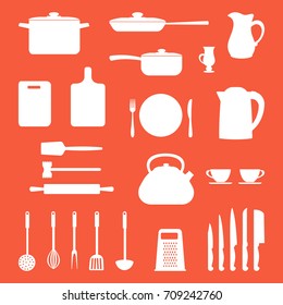 White shapes of kitchen utensils and tools on an orange background. There is a saucepan, a kettle, a frying pan, a plate, a fork, a knife and other objects in the picture. Vector illustration