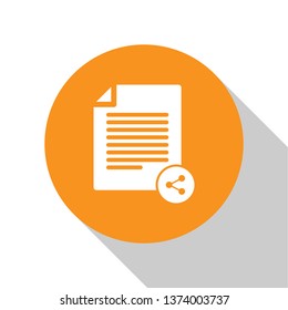 White Share file icon isolated on white background. File sharing. File transfer sign. Orange circle button. Flat design. Vector Illustration