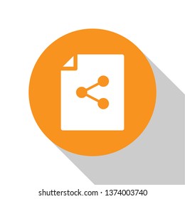 White Share file icon isolated on white background. File sharing. File transfer sign. Orange circle button. Flat design. Vector Illustration