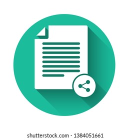 White Share file icon isolated with long shadow. File sharing. File transfer sign. Green circle button. Vector Illustration