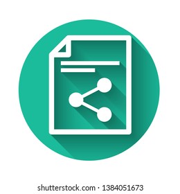 White Share file icon isolated with long shadow. File sharing. File transfer sign. Green circle button. Vector Illustration