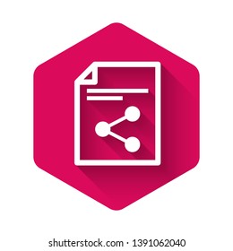White Share file icon isolated with long shadow. File sharing. File transfer sign. Pink hexagon button. Vector Illustration