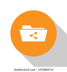 White Share folder icon isolated on white background. Folder sharing. Folder transfer sign. Orange circle button. Flat design. Vector Illustration