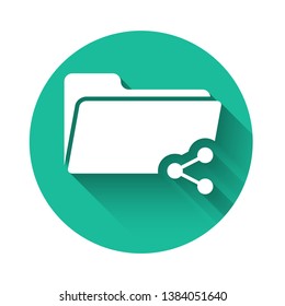 White Share folder icon isolated with long shadow. Folder sharing. Folder transfer sign. Green circle button. Vector Illustration