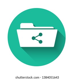White Share folder icon isolated with long shadow. Folder sharing. Folder transfer sign. Green circle button. Vector Illustration
